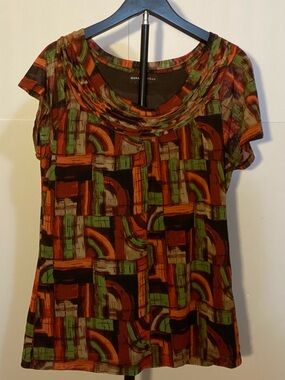 Dana Buchman Rust Green Multi-Pattern Cowl Neck Short Sleeve Top Size Small